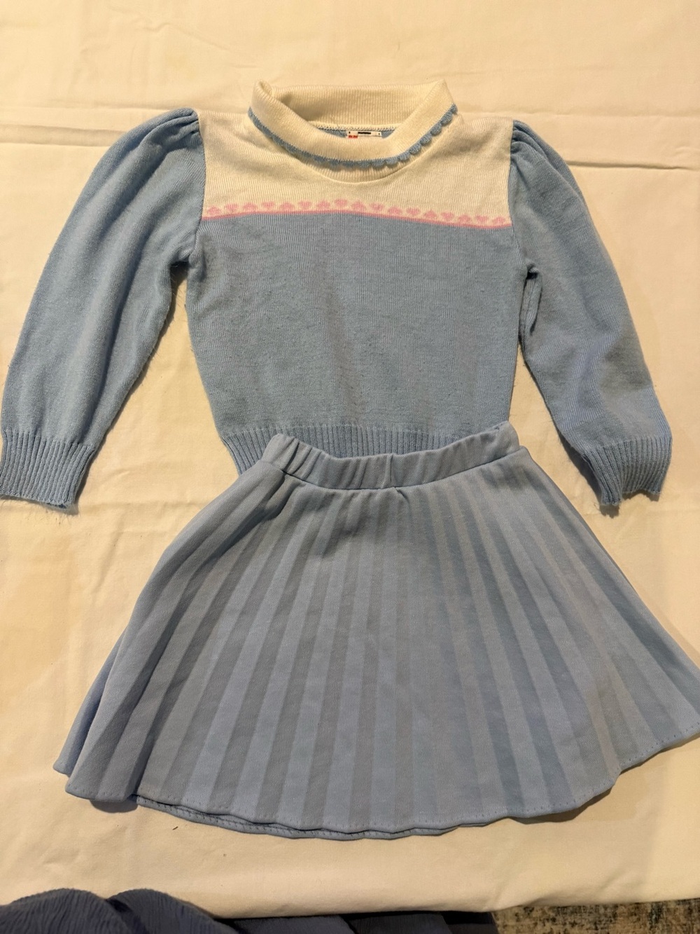 Vintage 1990 made in USA Girls Light Blue Knit Sweater Top & Pleated Skirt Set